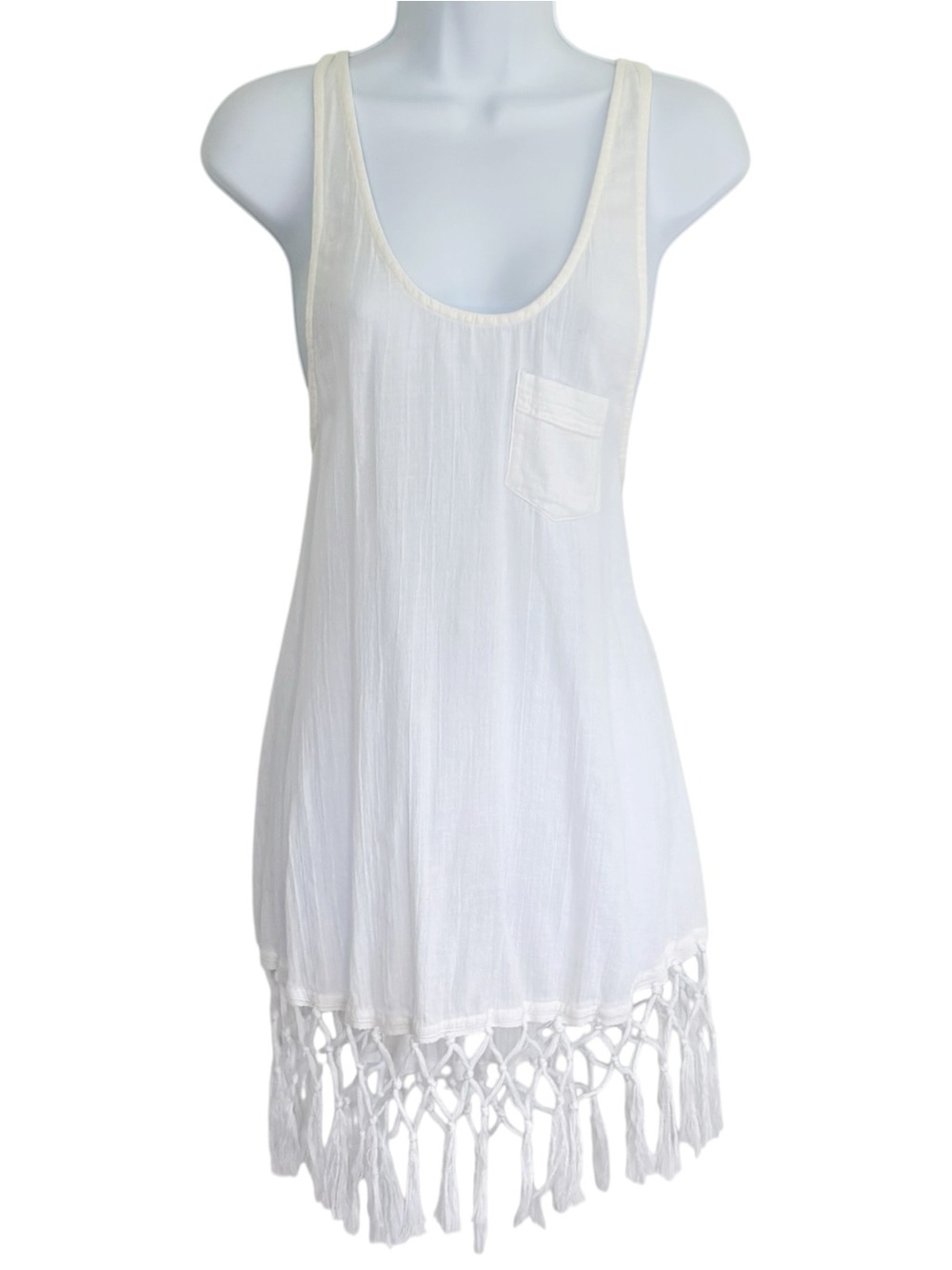 VICTORIA’S SECRET White Fringe Swim Cover Up Dress Boho Beach Cotton Small